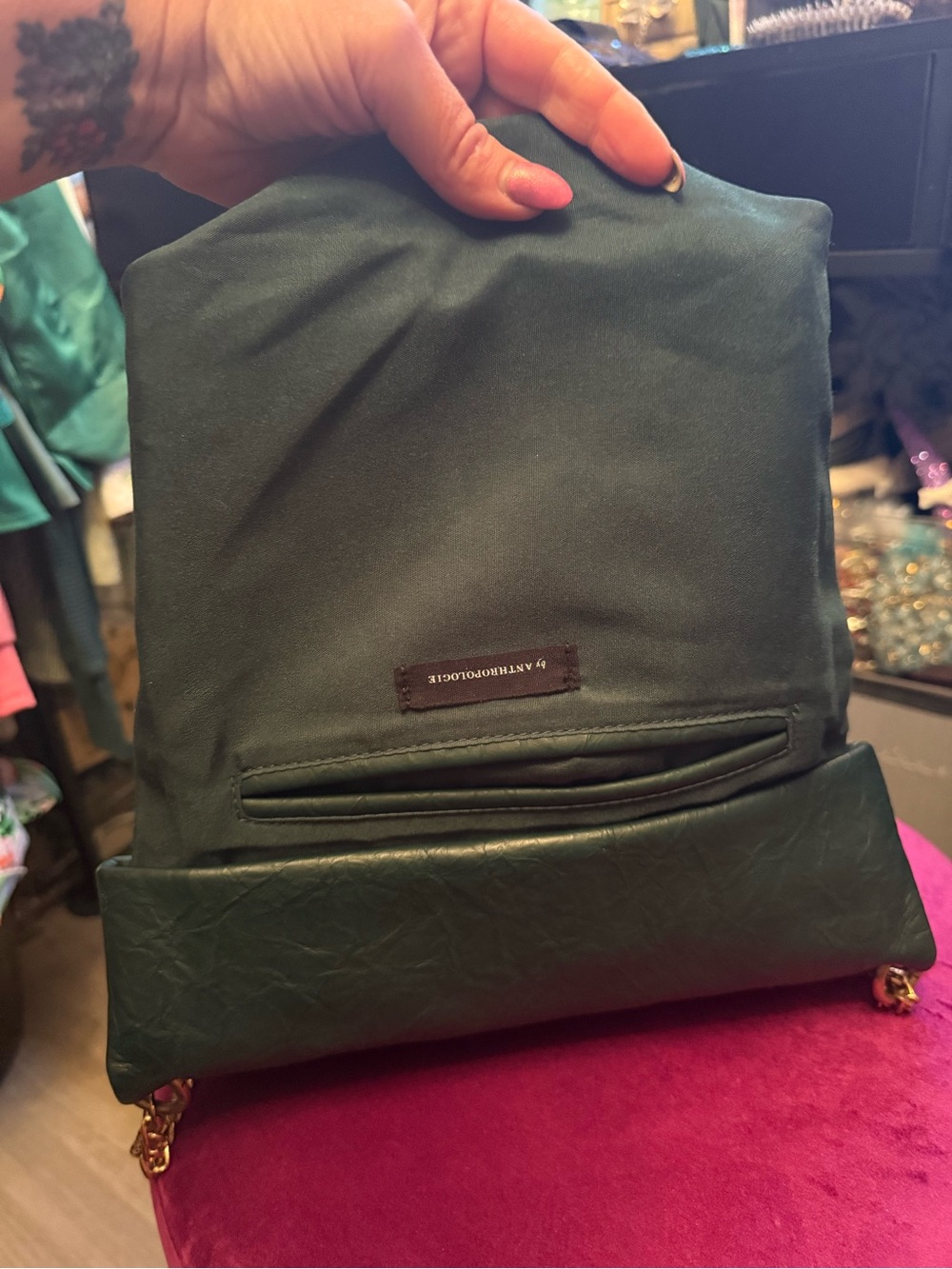 Anthropologie Dark Green Fold-Over Crossbody with Gold Chain Strap - Picture 10 of 11